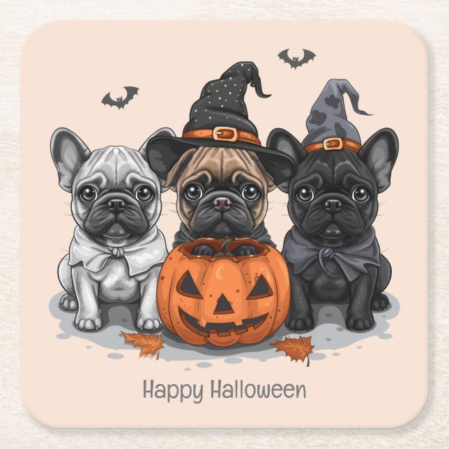Glad Halloween French Bullhund Underlägg Papper Kvadrat (Framsidan)