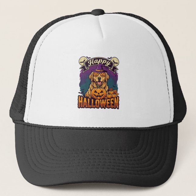 Glad Halloween Golden Retriever Häxhatt Pumpa Keps (Framsida)