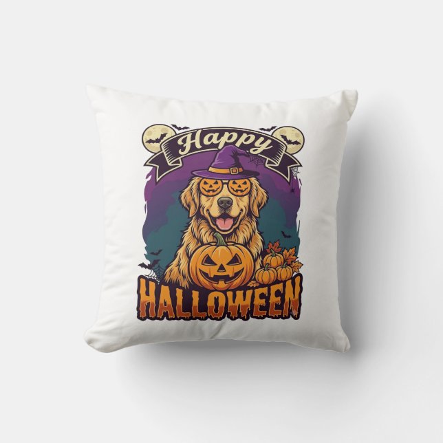 Glad Halloween Golden Retriever Häxhatt Pumpa Kudde (Framsida)