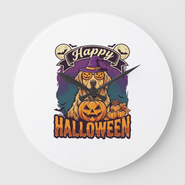Glad Halloween Golden Retriever Häxhatt Pumpa Stor Klocka (Framsida)