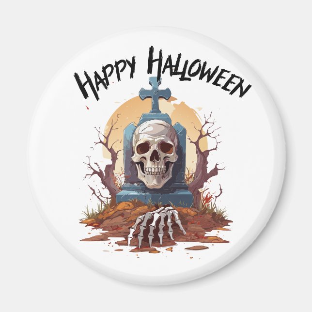 Glad Halloween Gravsten Och Skelett Magnet (Framsidan)