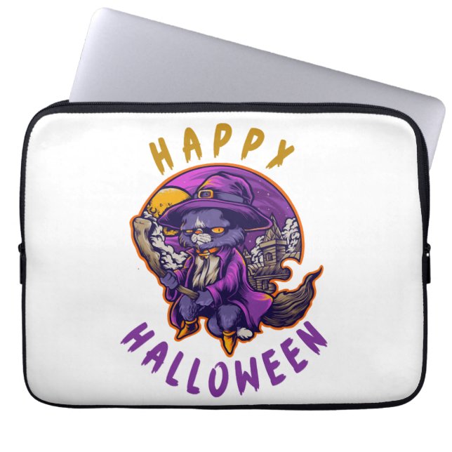 Glad Halloween Halloween Häxa Katt Laptop Fodral (Framsidan)