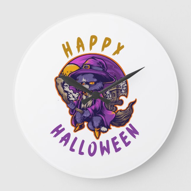 Glad Halloween Halloween Häxa Katt Stor Klocka (Framsida)