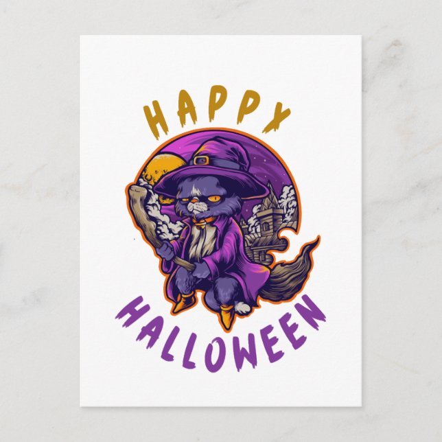 Glad Halloween Halloween Häxa Katt Vykort (Framsida)