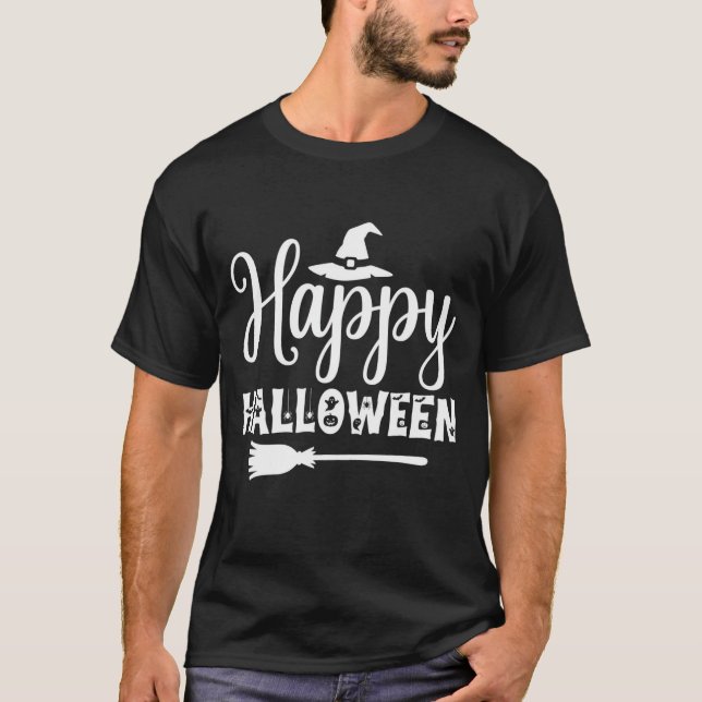 Glad Halloween Häxa Hatt Kvast Design T Shirt (Framsida)