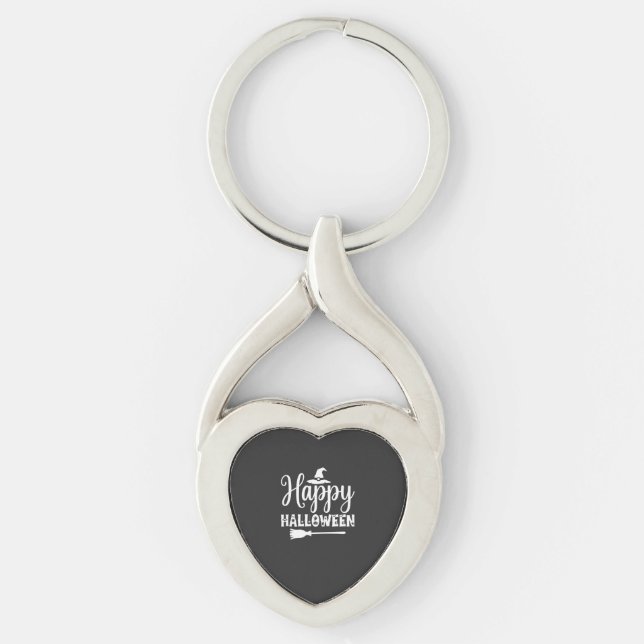 Glad Halloween Häxa Hatt Kvast Design Twisted Heart Silverfärgad Nyckelring (Framsidan)