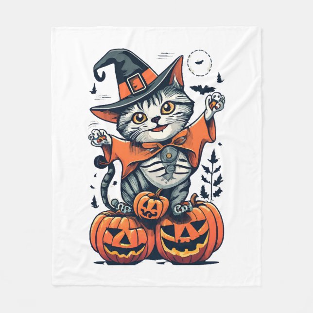 Glad Halloween Häxa Katt Fleecefilt (Framsidan)