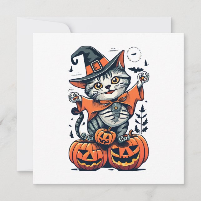 Glad Halloween Häxa Katt Inbjudningar (Framsida)