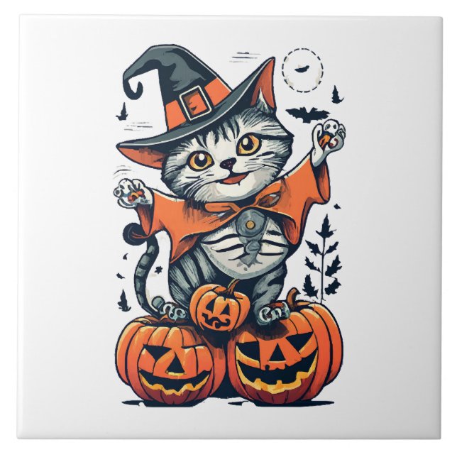 Glad Halloween Häxa Katt Kakelplatta (Framsidan)