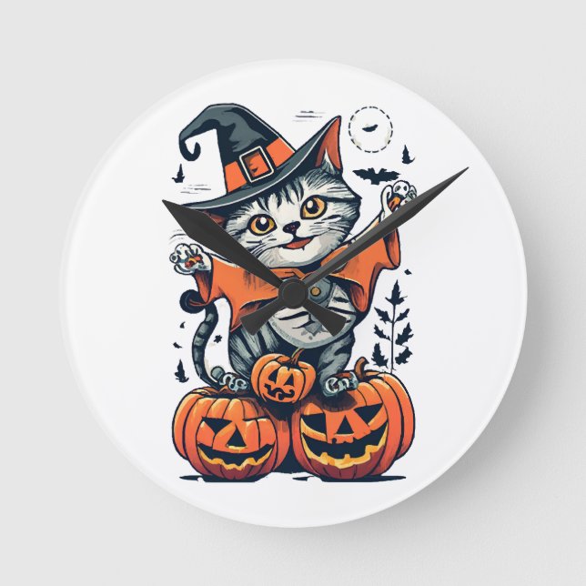 Glad Halloween Häxa Katt Rund Klocka (Framsida)