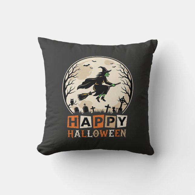 Glad Halloween Häxa Mån Kyrkogård Design_1 Kudde (Framsida)