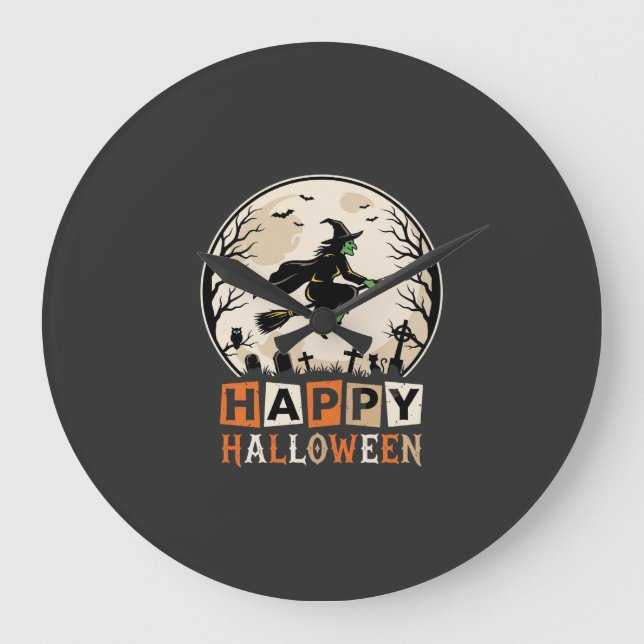 Glad Halloween Häxa Mån Kyrkogård Design_1 Stor Klocka (Framsida)
