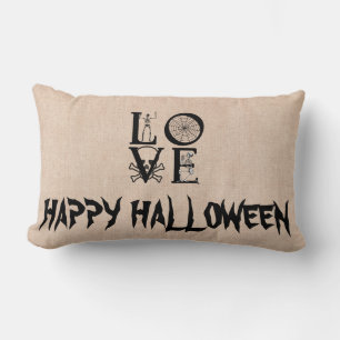 Glad Halloween Häxa med sin kvast burlap kast Lumbarkudde