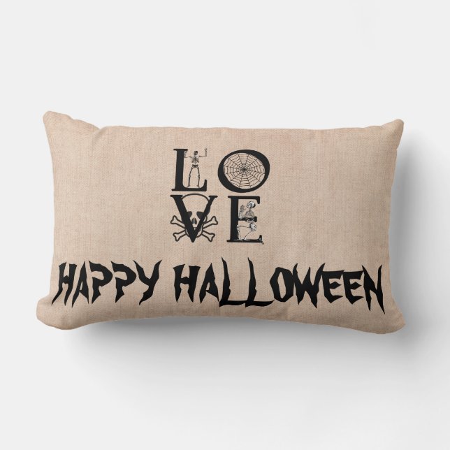 Glad Halloween Häxa med sin kvast burlap kast Lumbarkudde (Framsida)