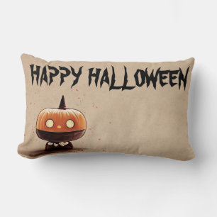 Glad Halloween-häxa med sin kvast orange kast Lumbarkudde