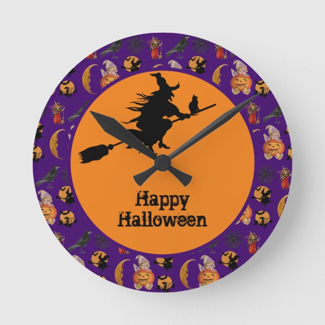 Glad Halloween Häxa på en kvast Hemdekor Rund Klocka (Framsida)