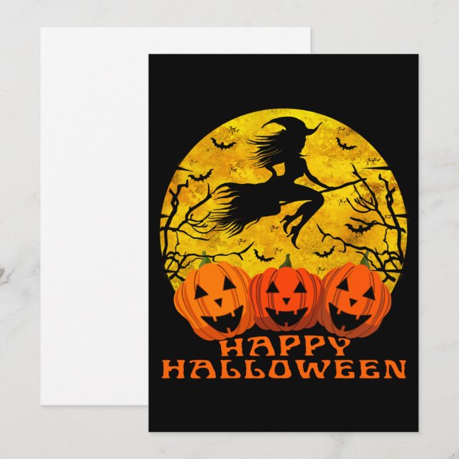 Glad Halloween-häxa på kvast  Inbjudningar (Fram/baksida)
