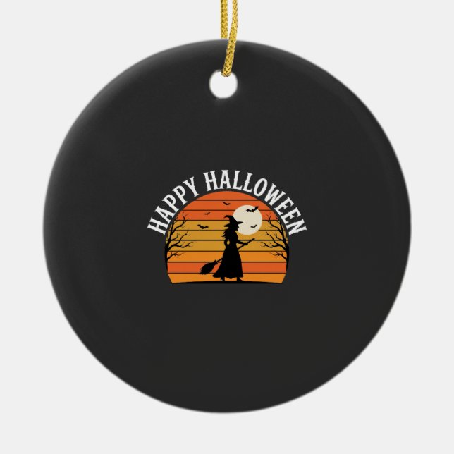 Glad Halloween Häxa Solnedgång Design_1 Julgransprydnad Keramik (Framsidan)