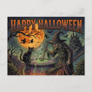 Glad Halloween Häxa Svart Katt Fullmåne Retro Vykort