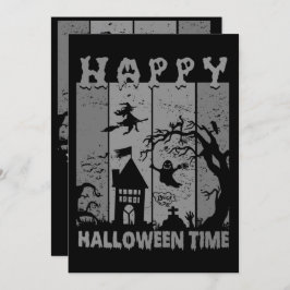 Glad Halloween Häxhus Spöke Kyrkogård B&W Inbjudningar