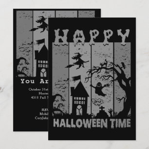 Glad Halloween Häxhus Spöke Kyrkogård B&W Inbjudningar
