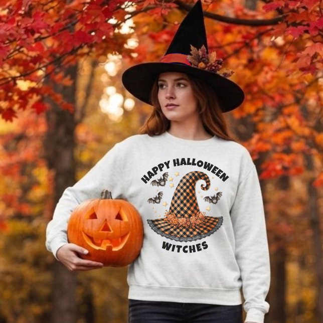 Glad Halloween Häxor Hatt Orange & Svart Gingham T Shirt (Skapare uppladdad)