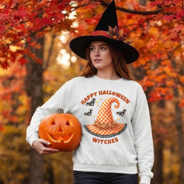 Glad Halloween Häxor Orange Rutig Häxhatt T Shirt