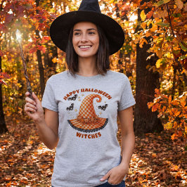 Glad Halloween Häxor Orange Rutig Häxhatt T Shirt