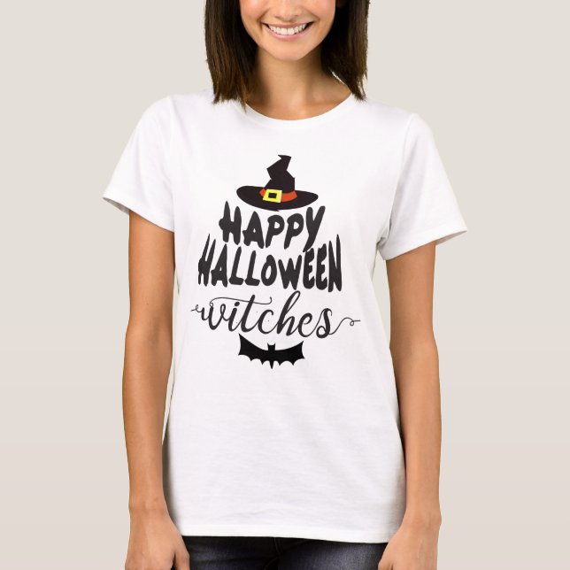 Glad Halloween Häxor Typografi Halloween Tee Shirt (Framsida)
