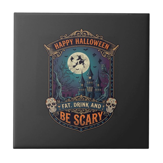 Glad Halloween Häxslott Skallar Fet Drick Var Kakelplatta (Framsidan)