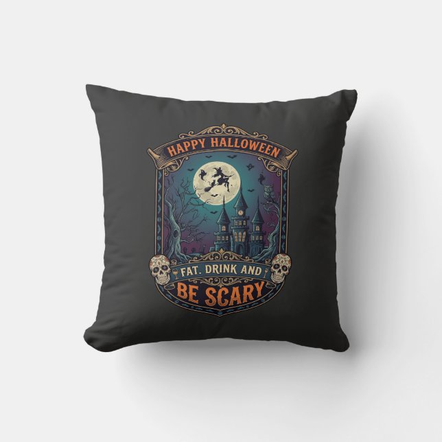 Glad Halloween Häxslott Skallar Fet Drick Var Kudde (Framsida)