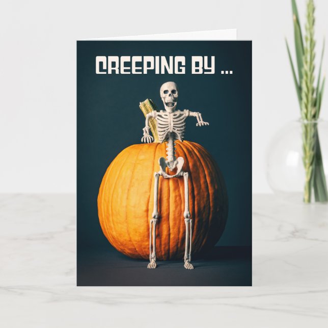 Glad Halloween Hej läskig skelett och pumpa Helgkort (Framsida)