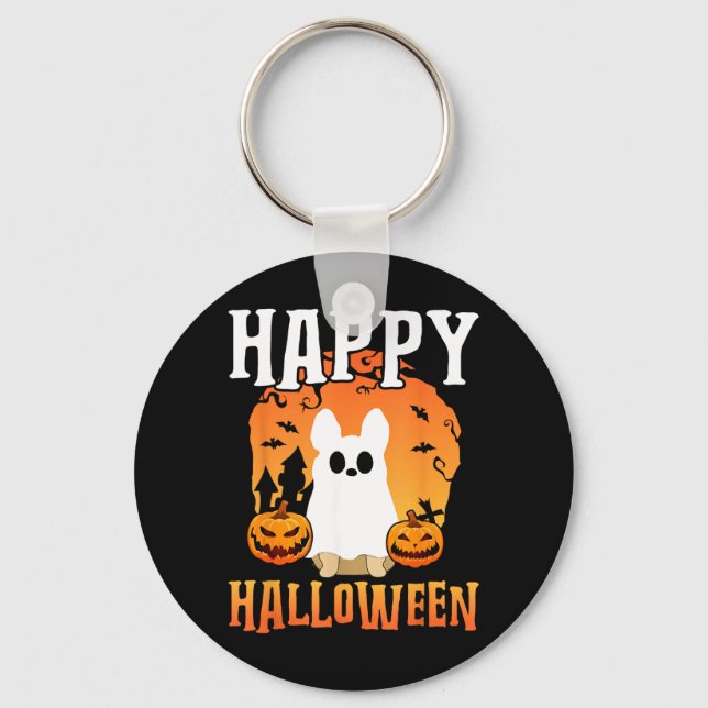 Glad Halloween Hund Spöke Nyckelring (Framsida)