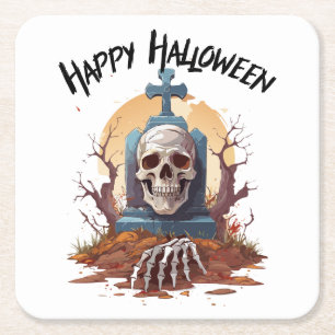 Glad Halloween Huvud Sten Och Skelett Underlägg Papper Kvadrat