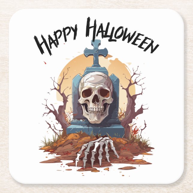 Glad Halloween Huvud Sten Och Skelett Underlägg Papper Kvadrat (Framsidan)