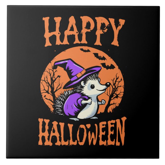 Glad Halloween Igelkott Häxa Kakelplatta (Framsidan)