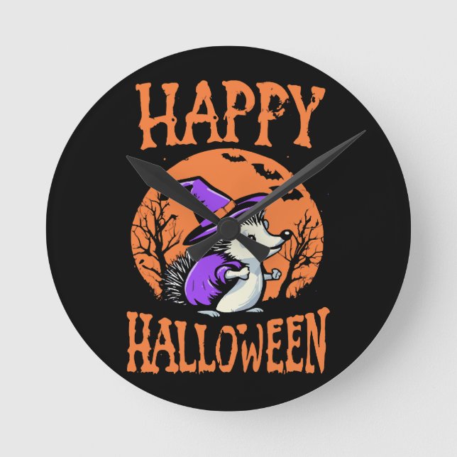 Glad Halloween Igelkott Häxa Rund Klocka (Framsida)