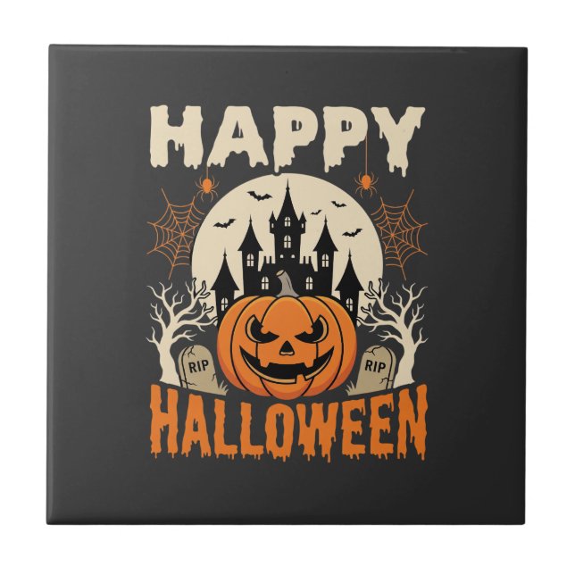 Glad Halloween Jack O Lantern Spök Slott Kakelplatta (Framsidan)