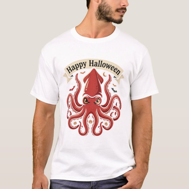 Glad Halloween jättebläckfisk T Shirt (Framsida)