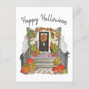 Glad Halloween Katt Akvarell Vykort
