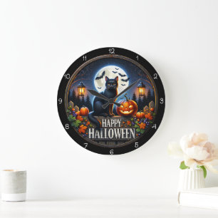 Glad Halloween Katt Pumpa Fullmåne Stor Klocka