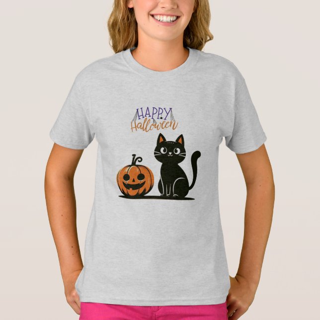 Glad Halloween katt & pumpa T Shirt (Framsida)