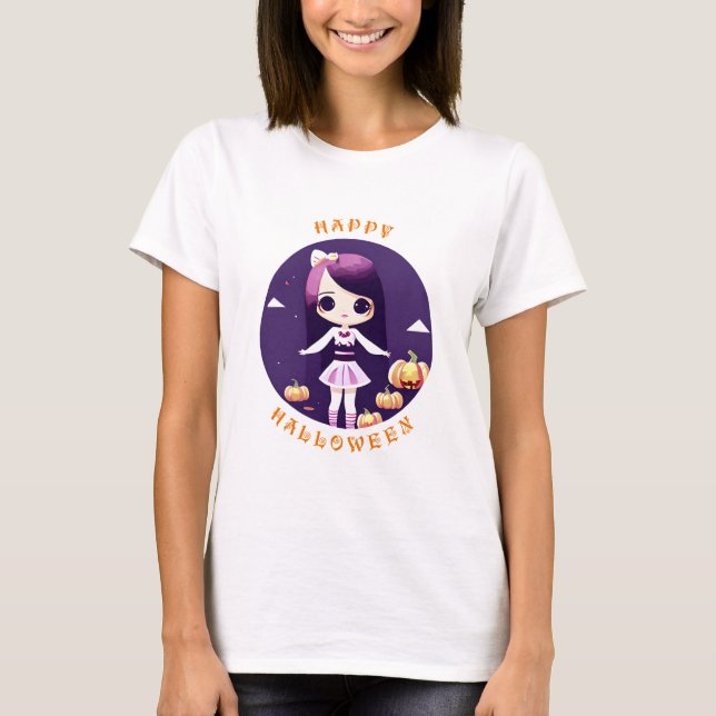 Glad Halloween Kawaii Flicka T Shirt (Framsida)