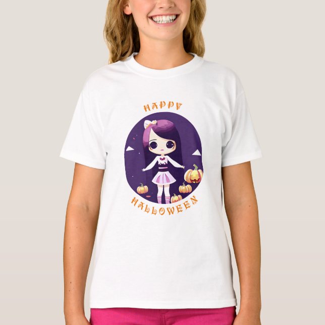 Glad Halloween Kawaii Flicka T Shirt (Framsida)
