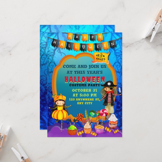 Glad Halloween-kostym barnfest firande Inbjudningar (Fram/Back In Situ)