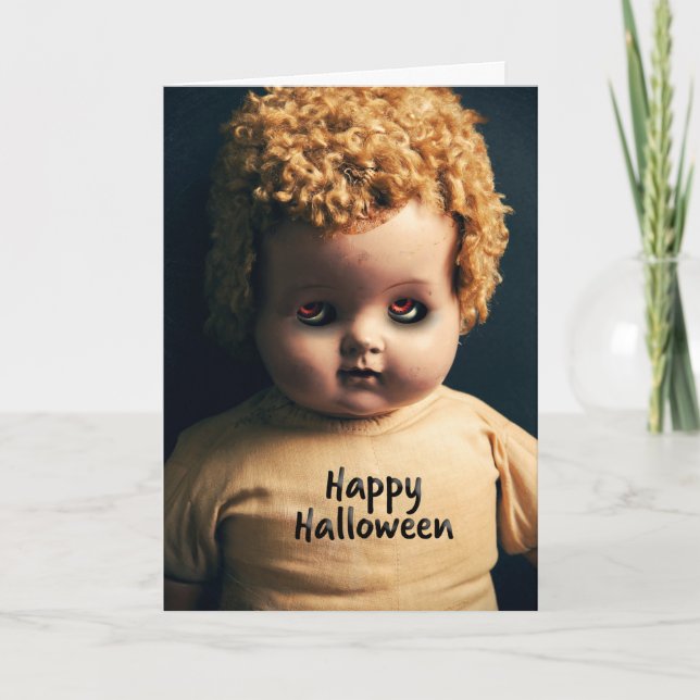 Glad Halloween Kuslig Docka Med Skräckögon Helgkort (Framsida)