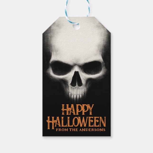 Glad Halloween kuslig spöklik skull svart orange Presentetikett (Framsidan)