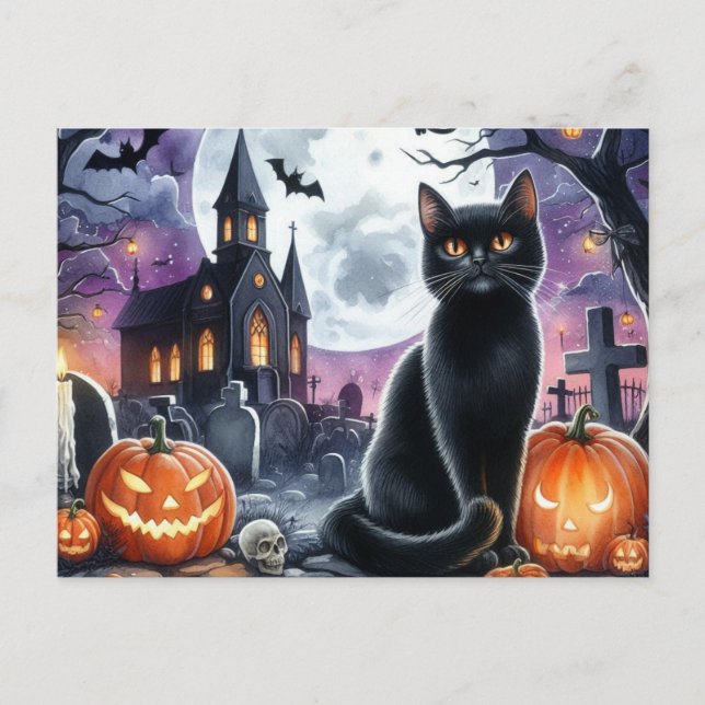 Glad Halloween Kuslig Svart Katt Postkort Vykort (Framsida)