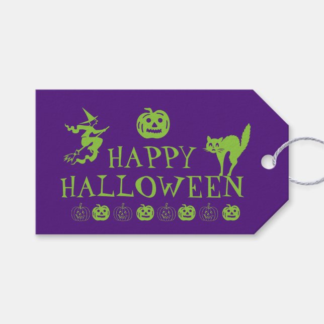 Glad Halloween lila gröna spökliga presenter Presentetikett (Framsidan (Horisontell))