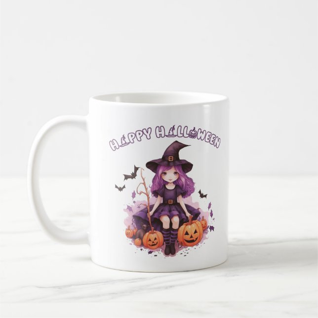 Glad Halloween Lila Häxa Pumpa & Fladdermöss Kaffemugg (Vänster)